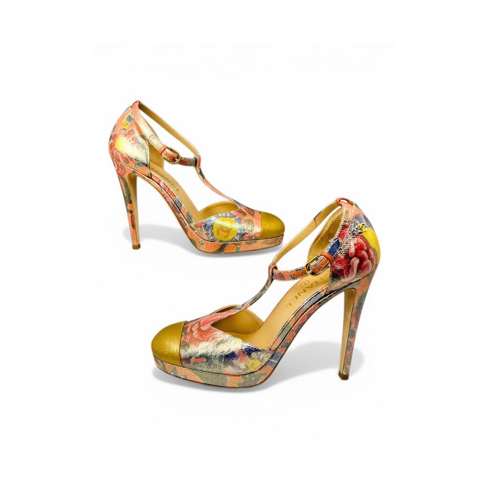 Chanel 2015 Cruise Floral Lamé T Strap Pumps Gold Cap Toe Platform Heels EU 38.5 - Picture 6 of 8